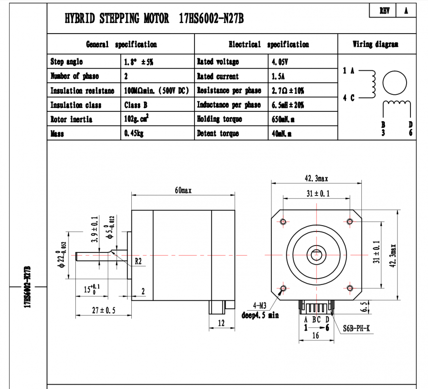 Nema 17 Bipolar Stepper 1.8deg 1.5A 0.65Nm 42x42x60mm 4-wires Nema17 CNC