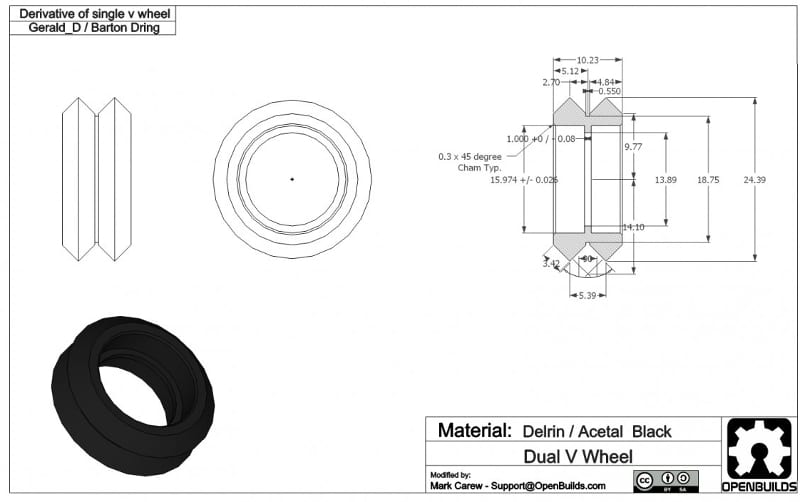 Dual V Wheel for V Slot Linear Extrusion -RepRap CNC 3D Printer - Delrin S/Steel