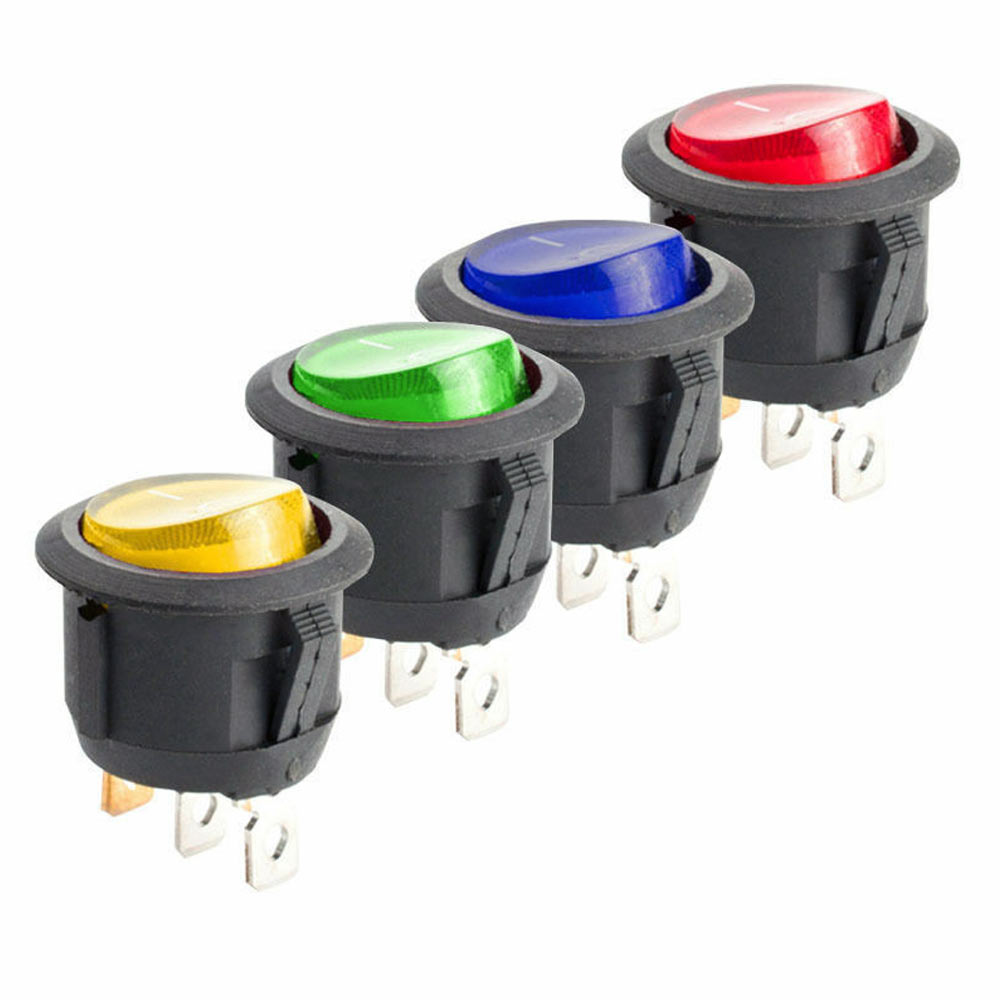 16A 12V LED Light Round Rocker ON/OFF SPST Switch 3 Pins With LED - 4 Colours