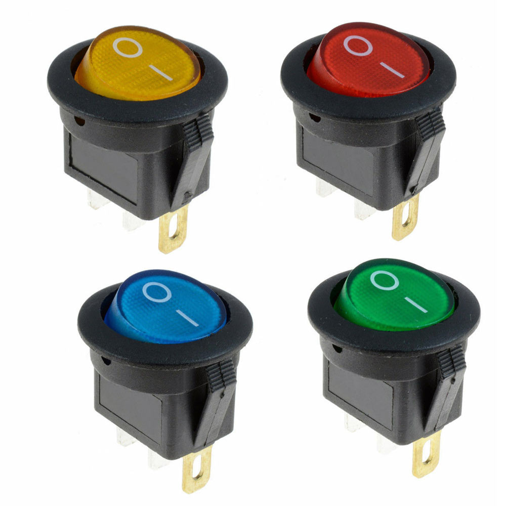 16A 12V LED Light Round Rocker ON/OFF SPST Switch 3 Pins With LED - 4 Colours