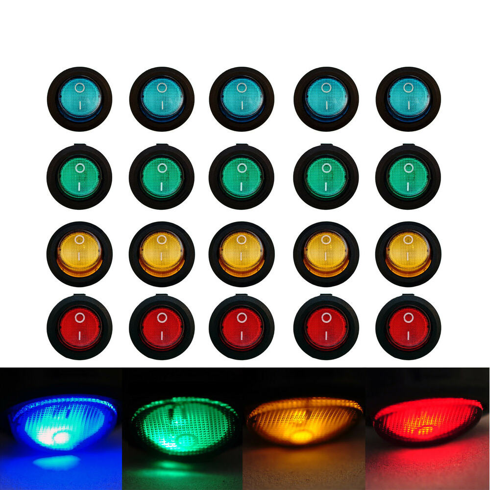 16A 12V LED Light Round Rocker ON/OFF SPST Switch 3 Pins With LED - 4 Colours