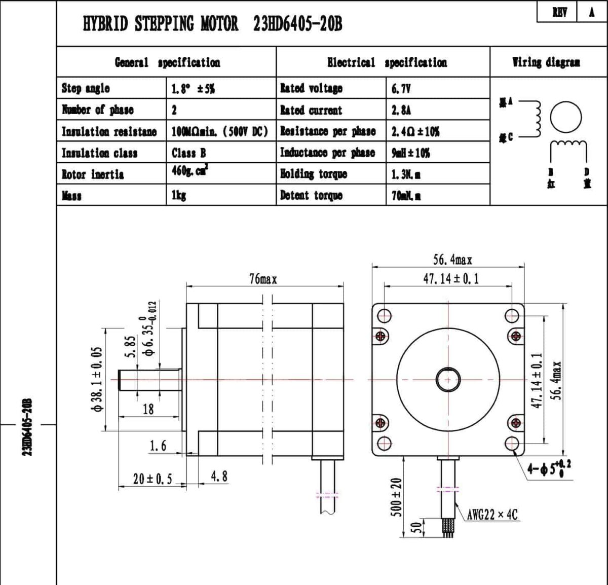 Nema23 76mm shaft 6.35mm stepper motor 56.4x56.4x76mm 1.89Nm 2.8A