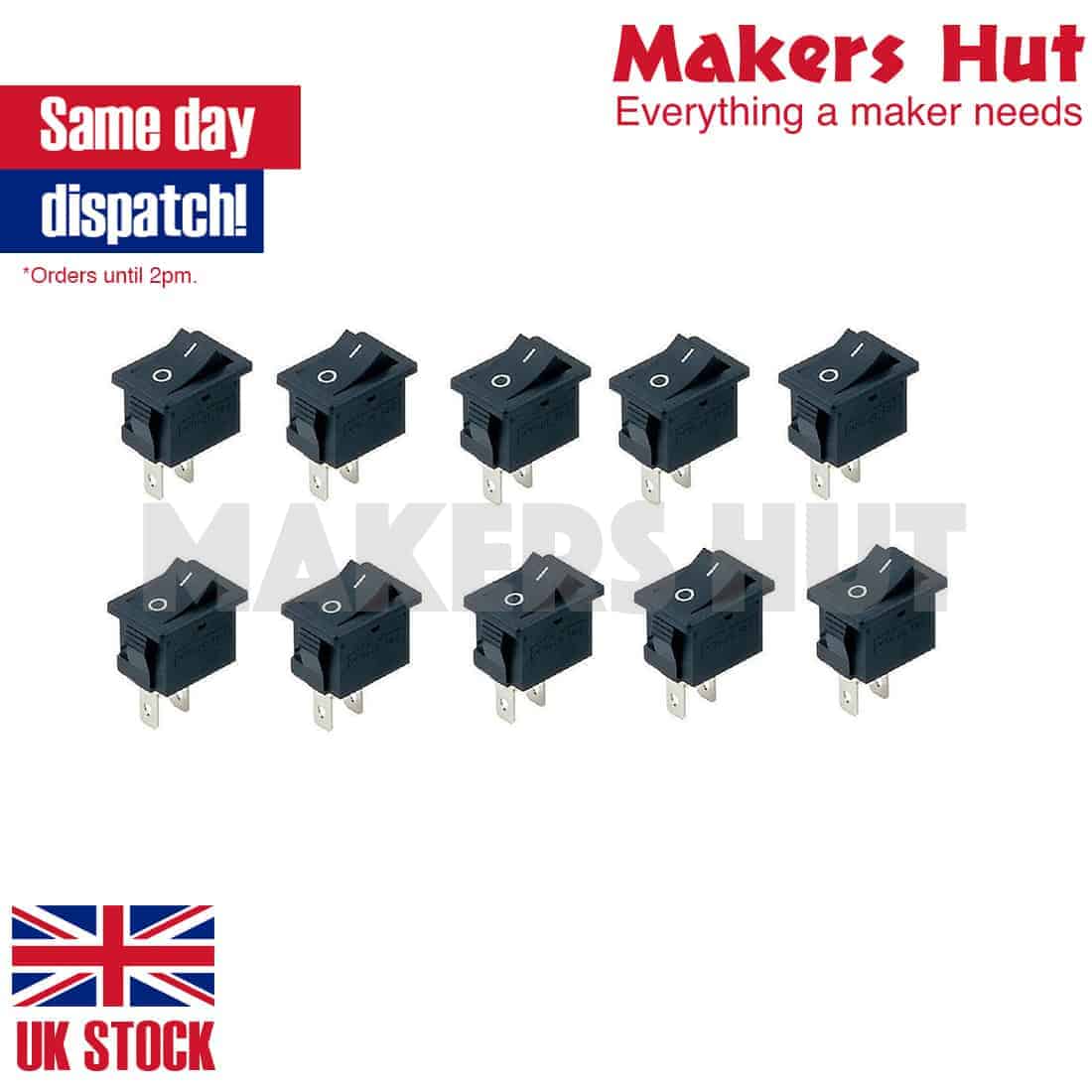 10 x ON / OFF Rocker Switch, 2-Pin 250V3A 125V6A - Black - 2 Pin DIY
