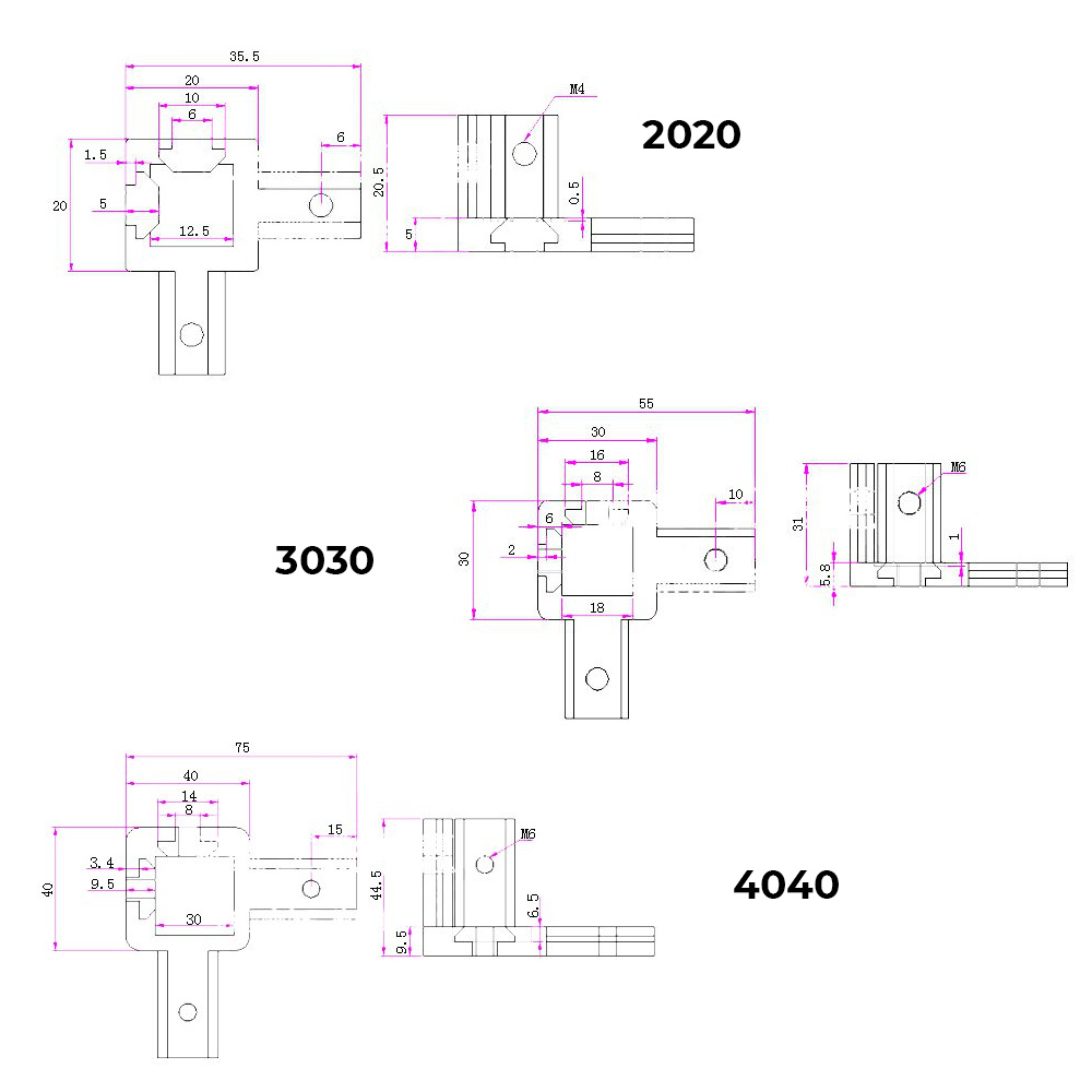 L-Shaped 3-Dimensional Aluminium Profile Connector 20/30/40